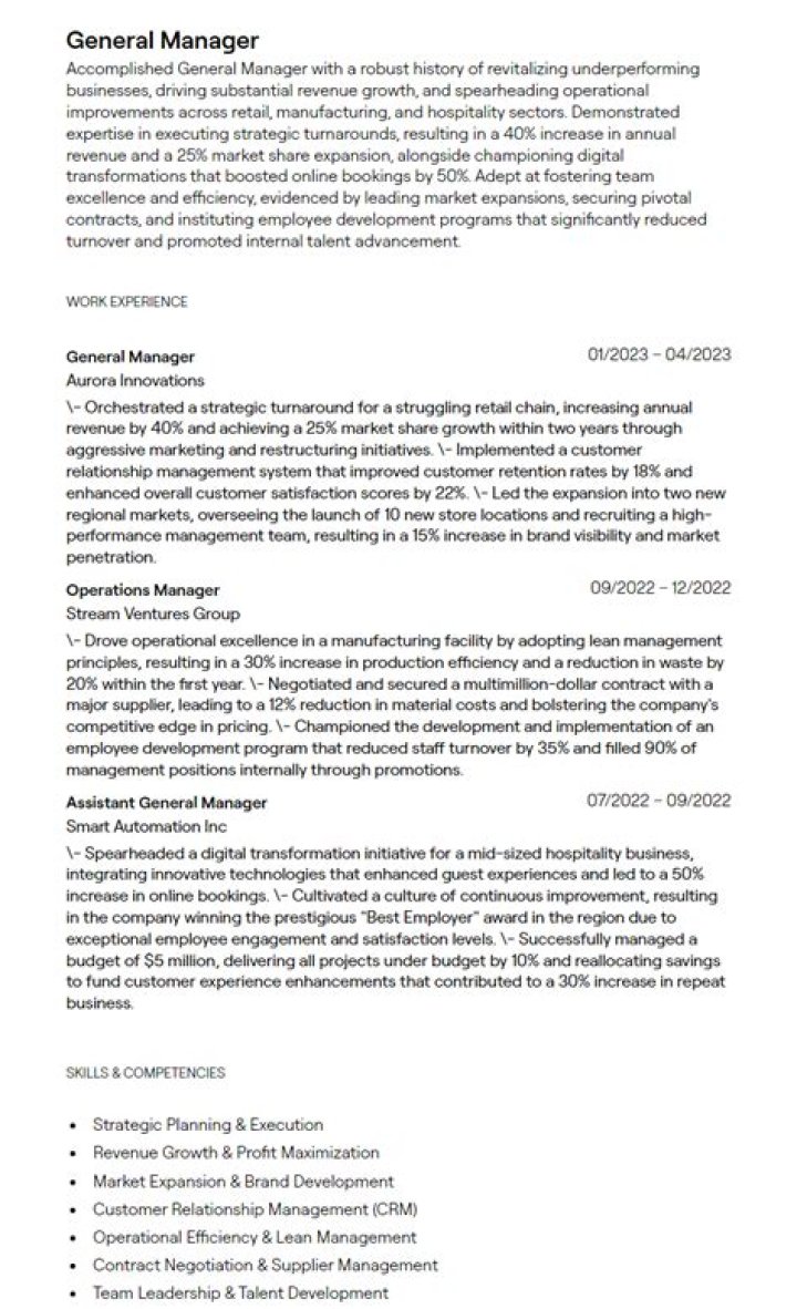 How do I write a CV for a general manager?